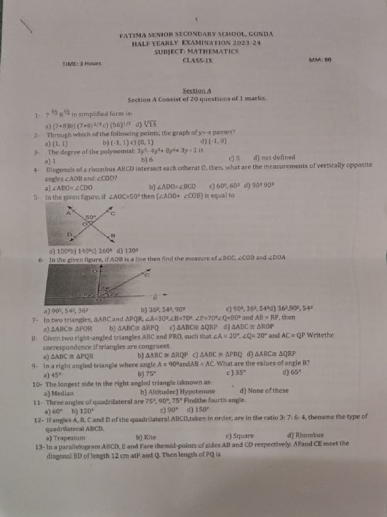 Mathematics Half-Yearly Exam Solutions | PDF | Euclidean Plane Geometry ...