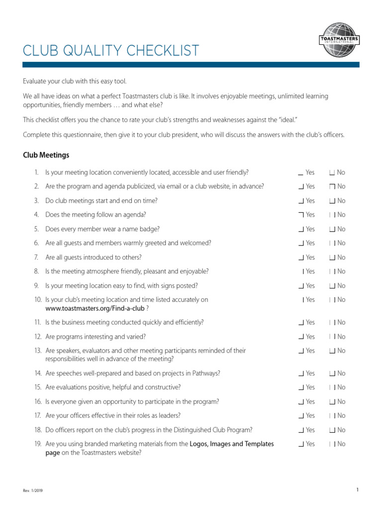 Toastmasters Club Quality Checklist | PDF | Human Communication