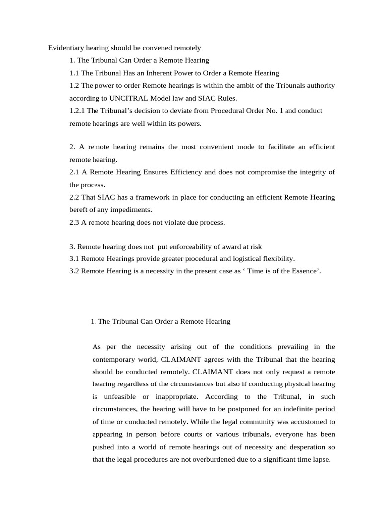 Claimant Remote Hearing | PDF | Arbitration | Arbitral Tribunal