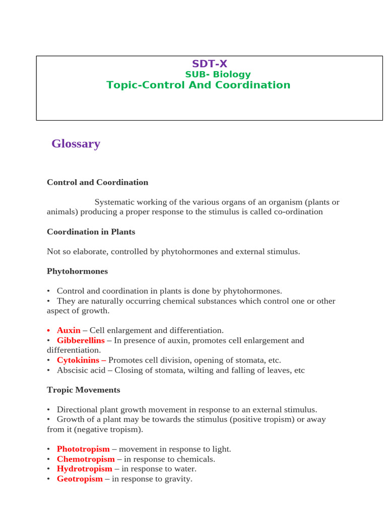 Notes of Control and Coordination With Banner | PDF | Nervous System ...