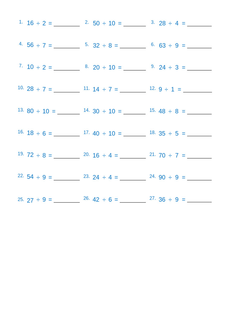 Grade 3 Division Facts 1 To 10 B | PDF