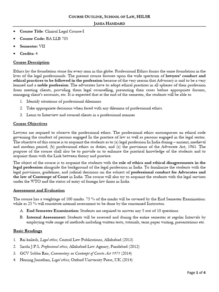Revised CLC course outline PDF Advocate Professional Ethics