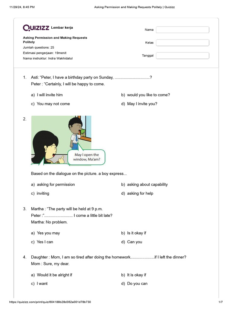 Asking Permission and Making Requests Politely _ Quizizz | PDF