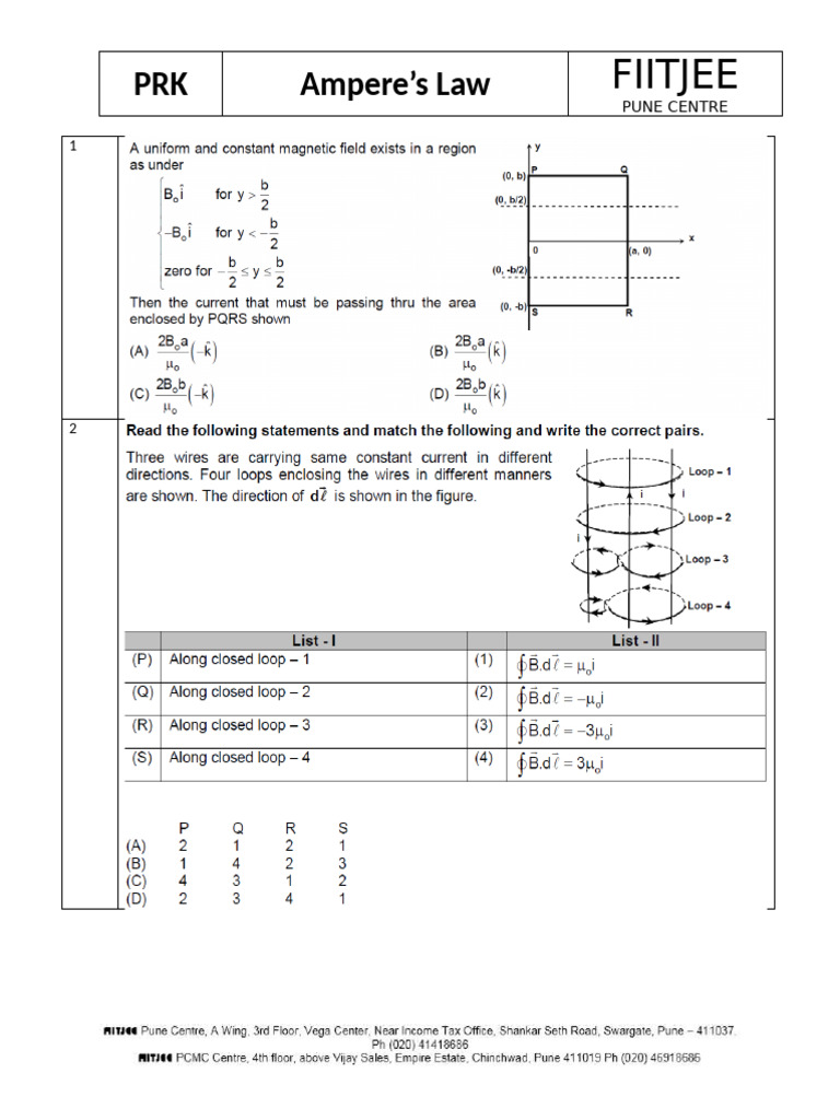 Ampere's Law Solutions - FIITJEE Pune | PDF