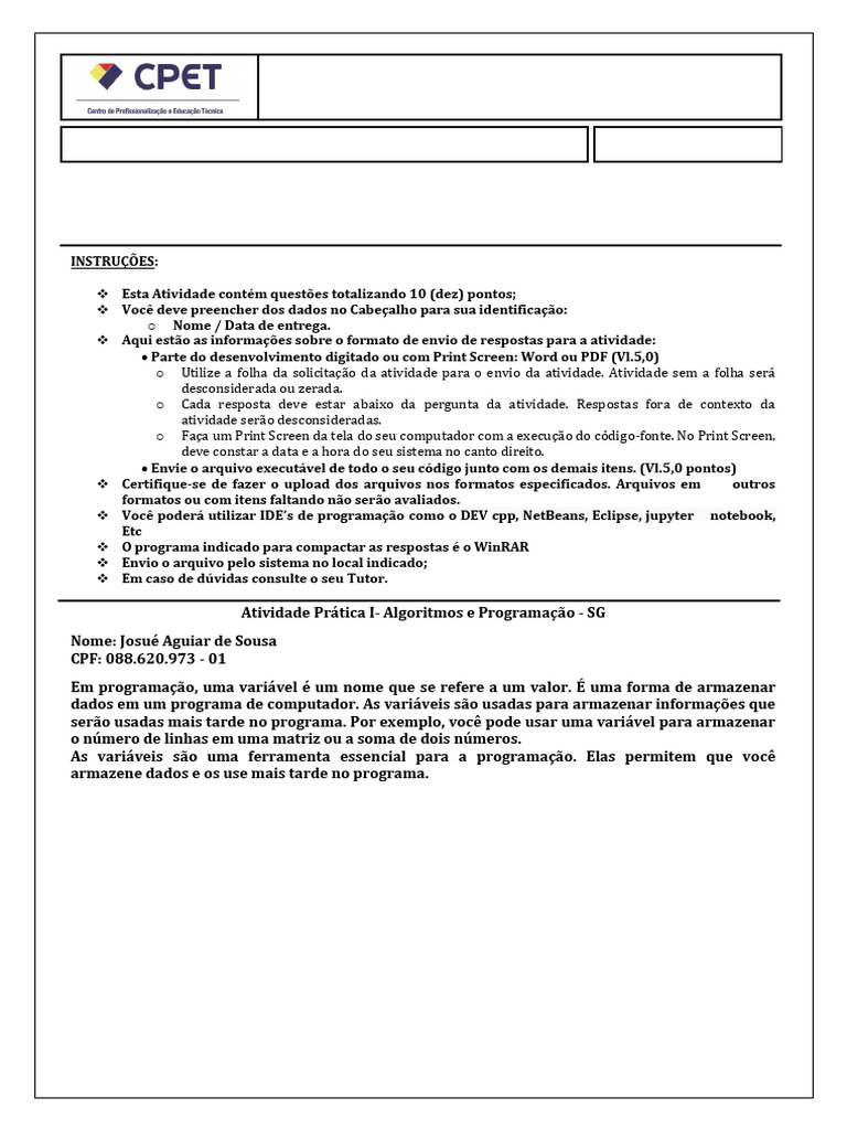 Atividade Prática: Algoritmos em Python | PDF | Sistema operacional ...