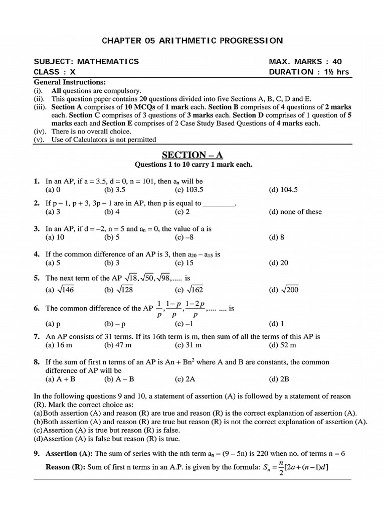 Maths Class X Chapter 05 Arithmetic Progression Practice Paper 05 | PDF