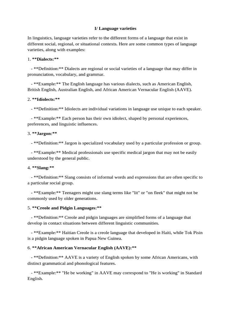 Examples of Language Varieties | PDF | Language Varieties And Styles ...