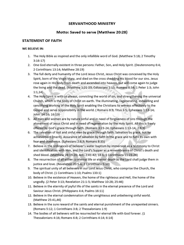 Servanthood Ministry Statement of Faith | PDF | Grace In Christianity ...