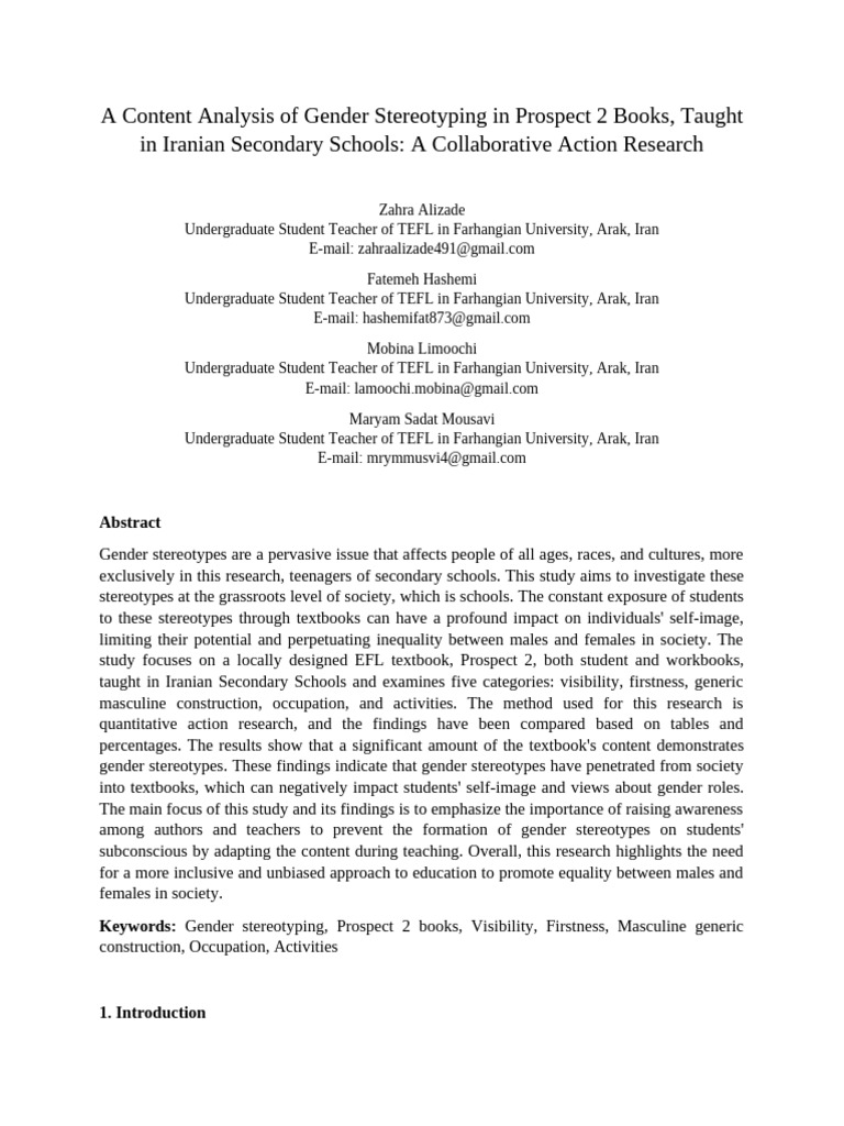 Gender Stereotyping in Iranian Textbooks | PDF | English As A Second Or ...