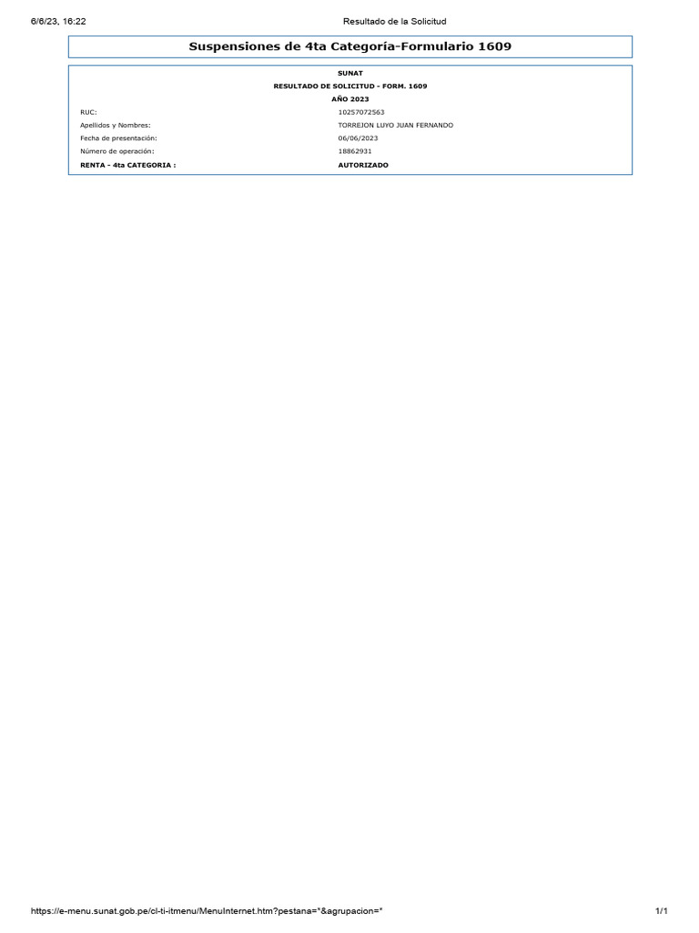 Resultado Solicitud Formulario 1609 SUNAT | PDF