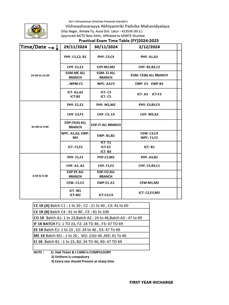 Practical Exam Time Table 2024-25 | PDF