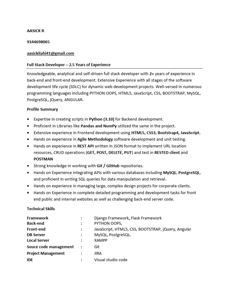 AASICK R - Full Stack Resume | PDF | Databases | My Sql