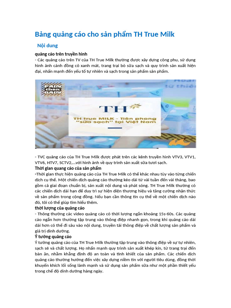 Quảng cáo trên truyền hình của TH true Milk | PDF