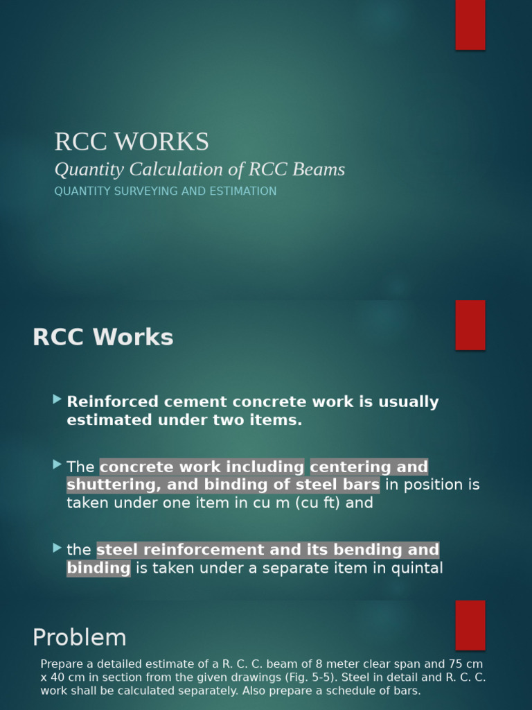 RCC Beam Quantity Estimation Guide | PDF | Concrete | Beam (Structure)