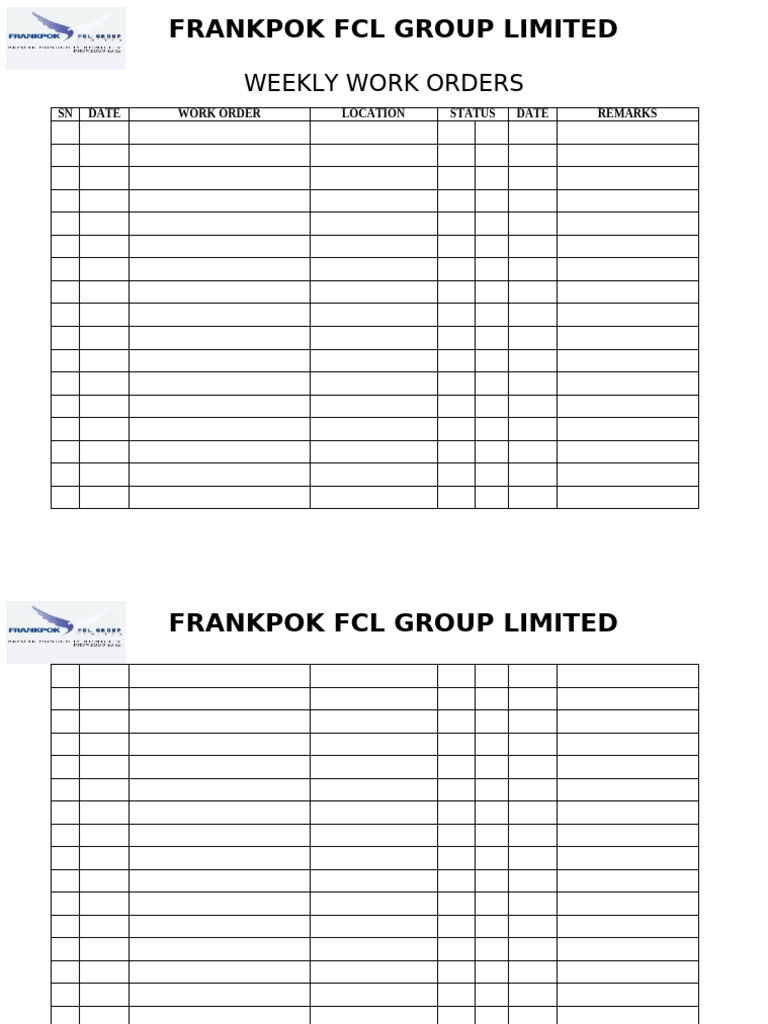 Weekly Work Orders for Frankpok FCL | PDF
