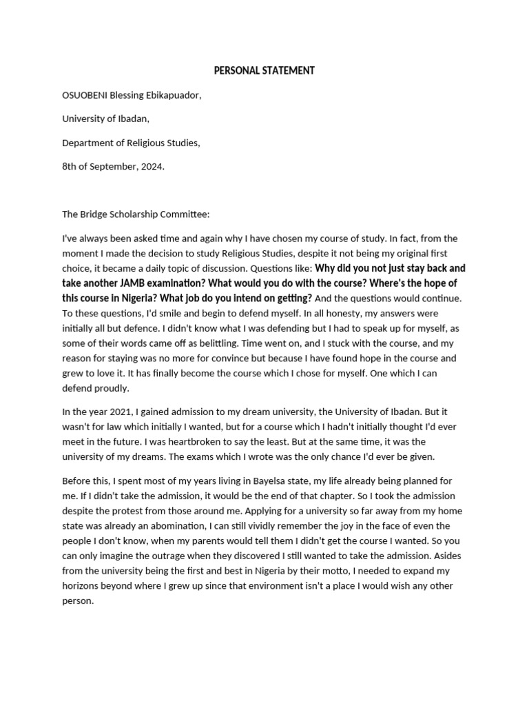 Personal Statement for Bridge Scholarship | PDF | Religious Studies ...