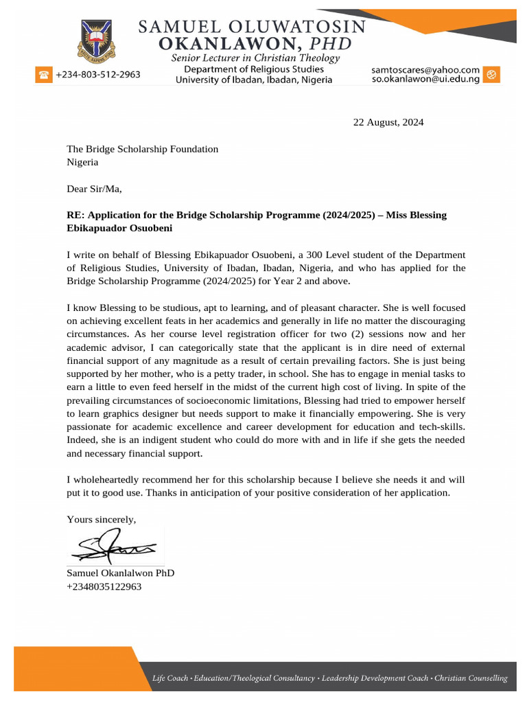 Bridge Scholarship Application for Blessing Osuobeni | PDF