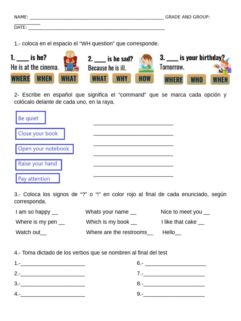 Examen de inglés para primaria | PDF