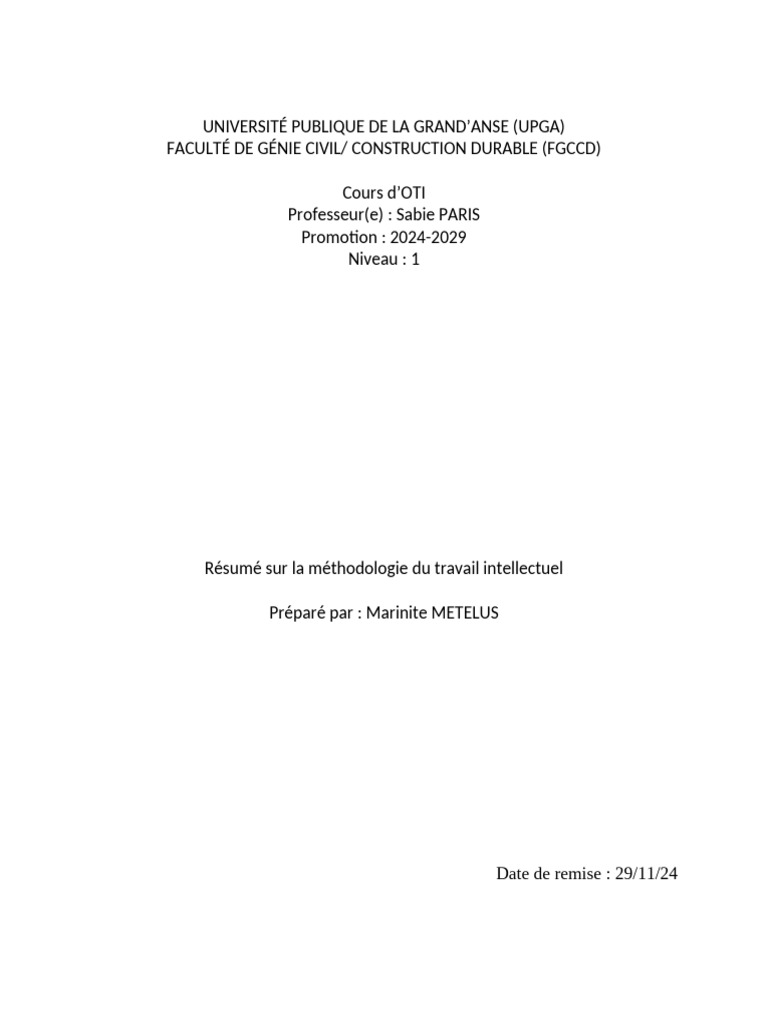 Méthodologie du Travail Intellectuel UPGA | PDF | Pédagogie | Cognition