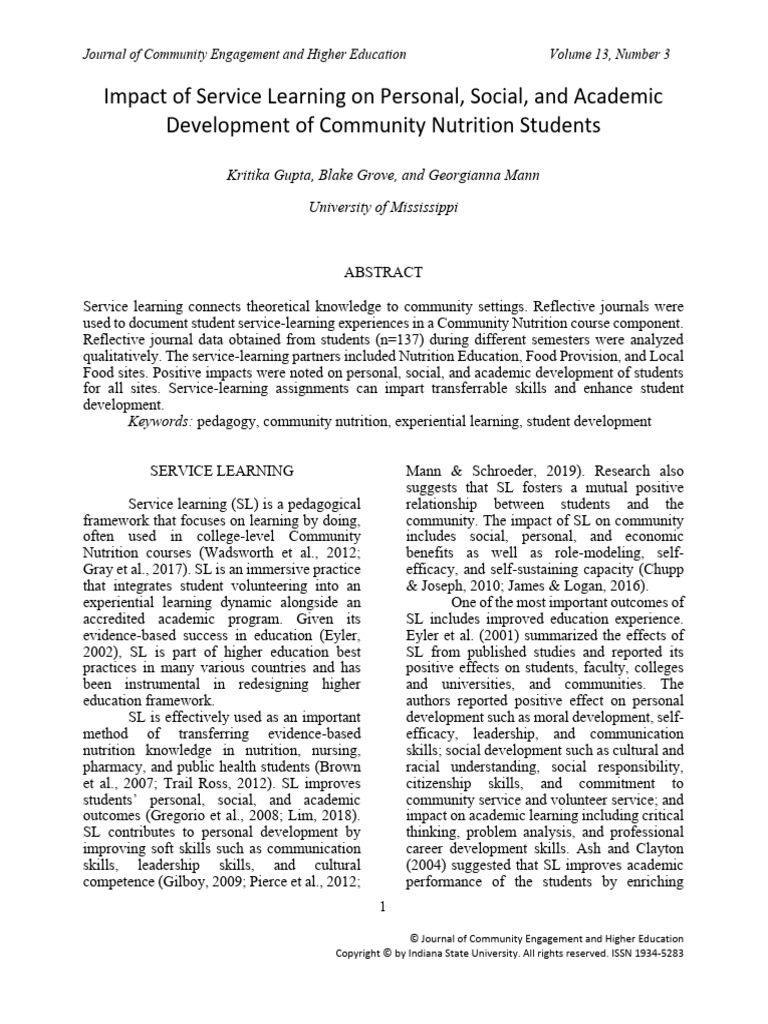 Impact of Service Learning On Personal Social and Academic Development ...
