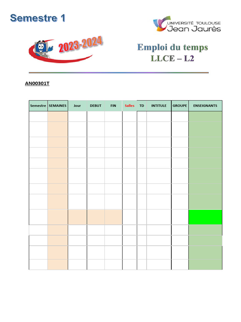 Emploi du temps des TD Semestre 1 | PDF