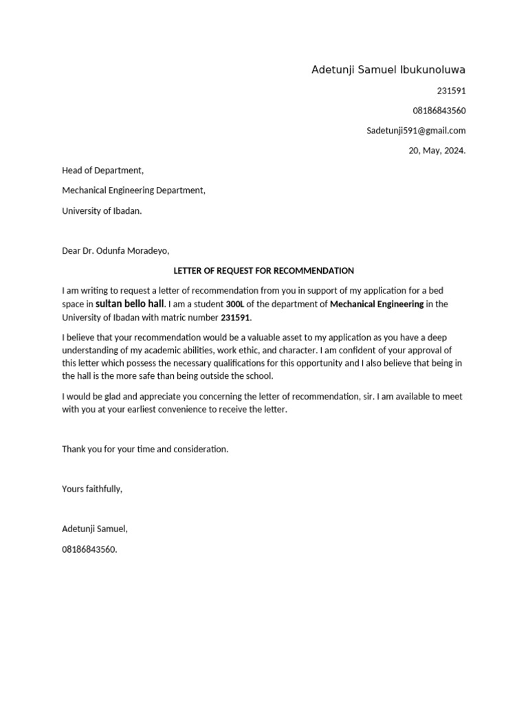Request for Recommendation Letter | PDF