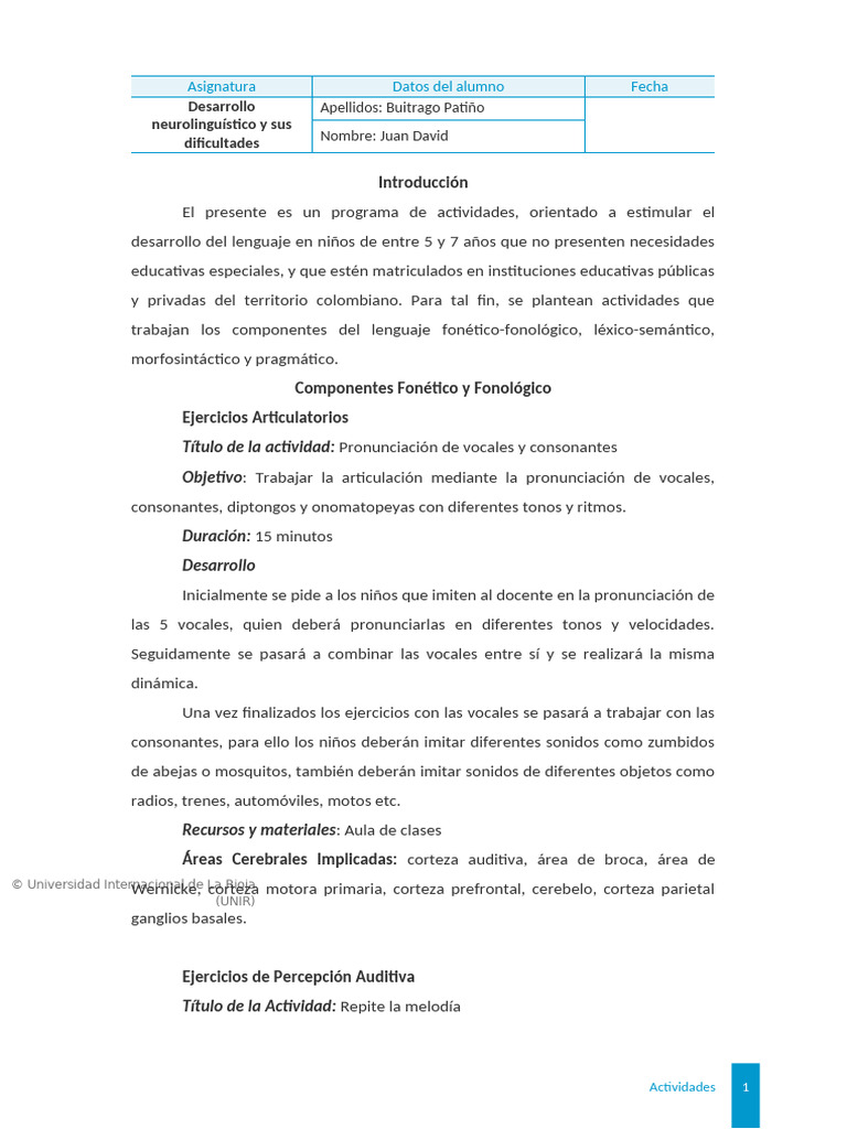 Actividades para el Desarrollo del Lenguaje Infantil | PDF | Cerebro ...