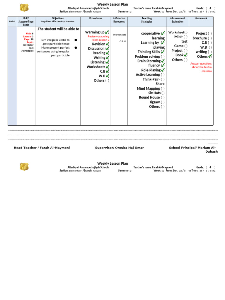 Grade 4 Weekly Lesson Plan: Irregular Verbs | PDF | Lesson Plan ...
