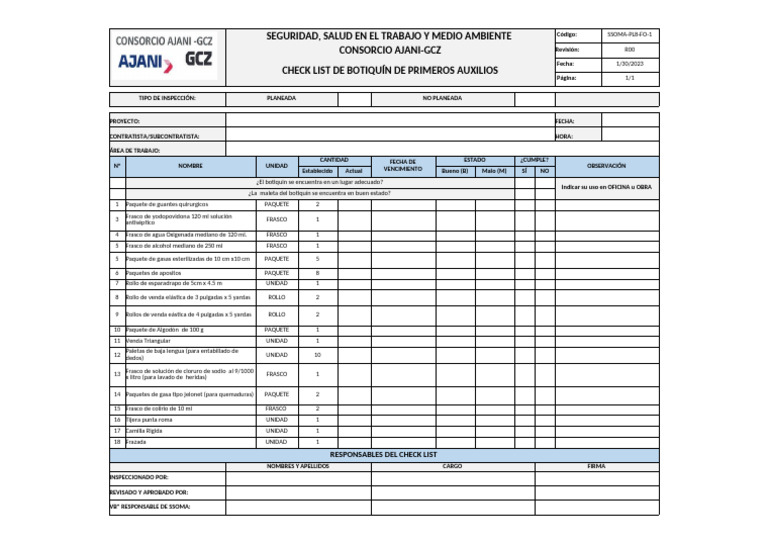 SSOMA-PL8-FO-1 Checklist de Botiquín de Primeros Auxilios - R00 | PDF