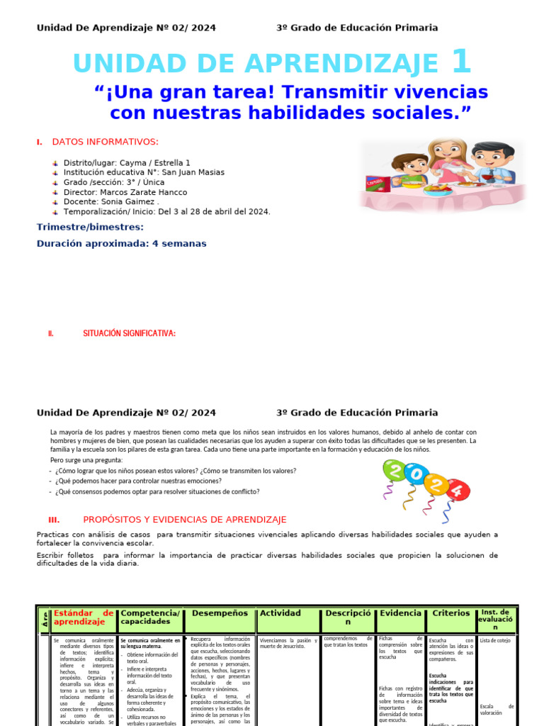 Unidad de Aprendizaje 3° Primaria 2024 | PDF | Números | Sustracción