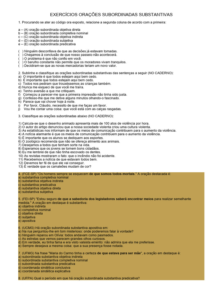 Exercícios sobre Orações Subordinadas | PDF