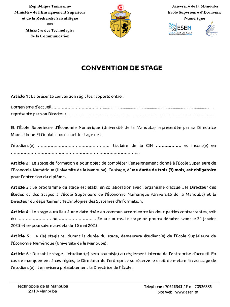 Convention de Stage à l'Université Manouba | PDF