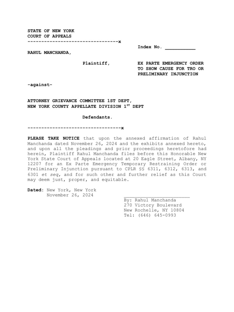Ex parte emergency order to show cause for a tro or preliminary