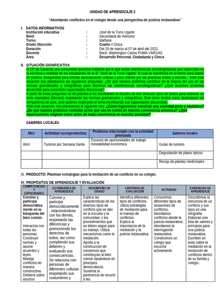 Unidad de Aprendizaje 2 DPCC - 4° 2023 | PDF | Aprendizaje | Mediación
