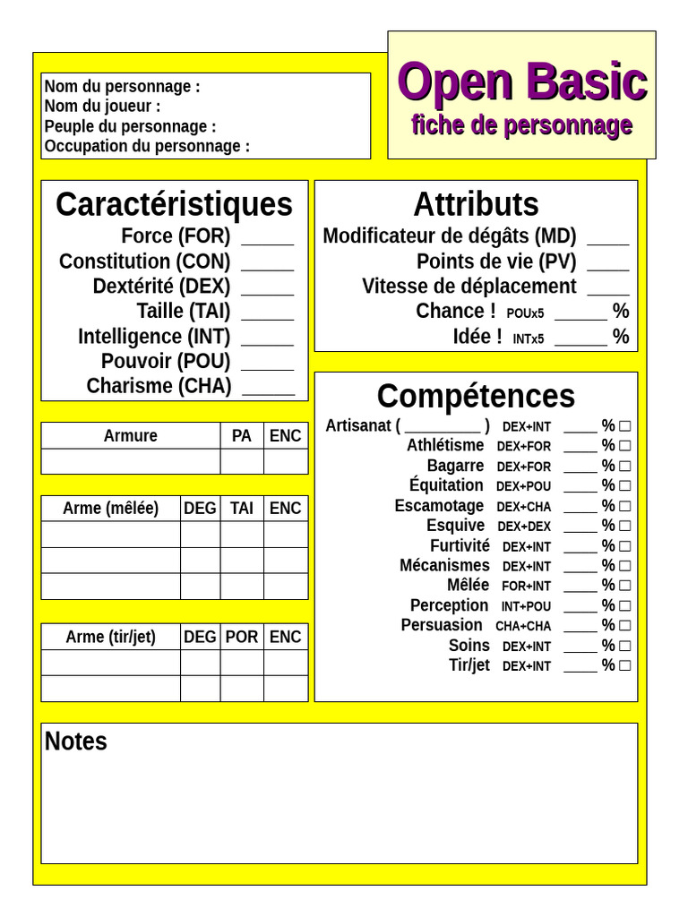 Fiche de personnage Open Basic | PDF