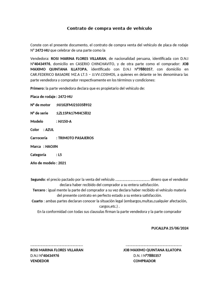 Contrato de Compra Venta de Vehículo | PDF