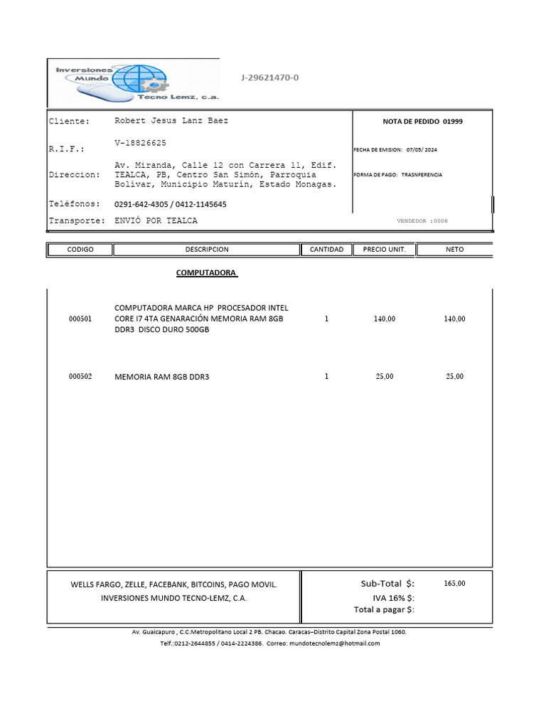 Pedido de Computadora y Accesorios | PDF