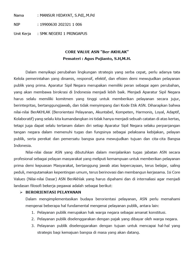 Implementasi Core Values ASN Ber-AKHLAK | PDF