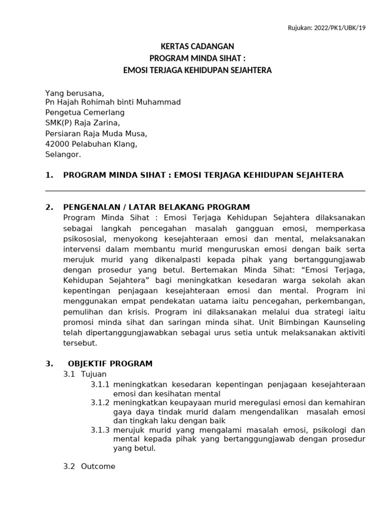 Kertas Cadangan Program Minda Sihat Emosi Terjaga Kehidupan Sejahtera | PDF