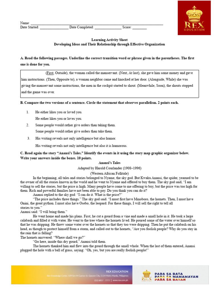 Organizing Ideas in Writing Activities | PDF | Anansi