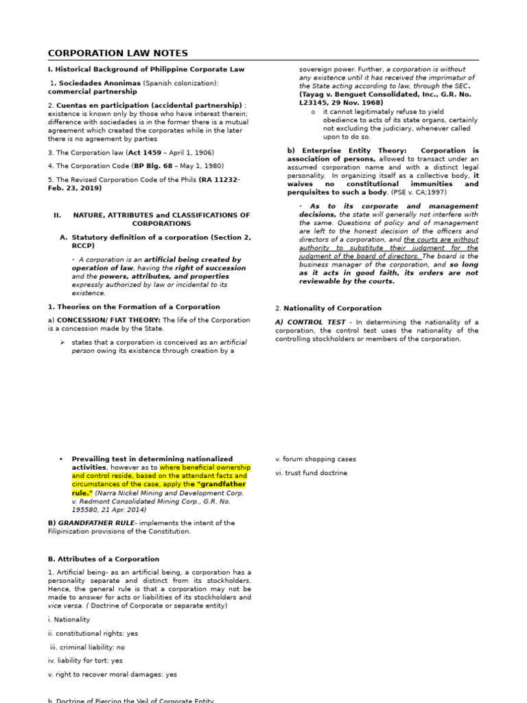 Corporation Law Notes 2024 | PDF | Corporations | Tort