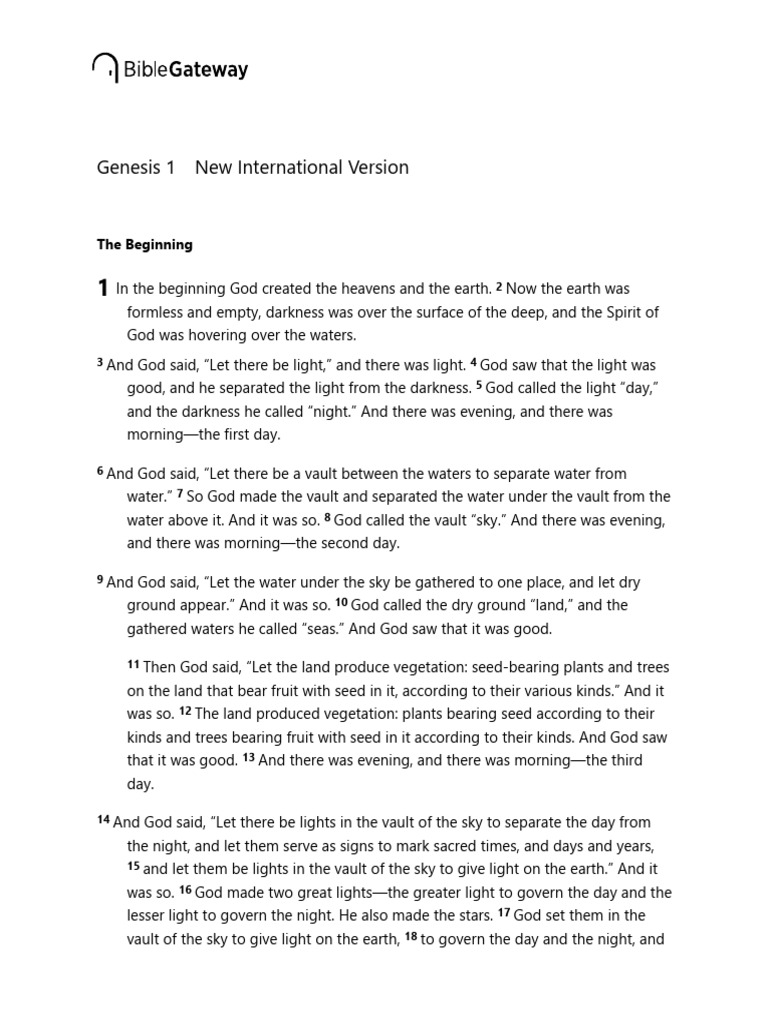 Genesis 1 NIV - The Beginning - in The Beginning God | PDF | New ...