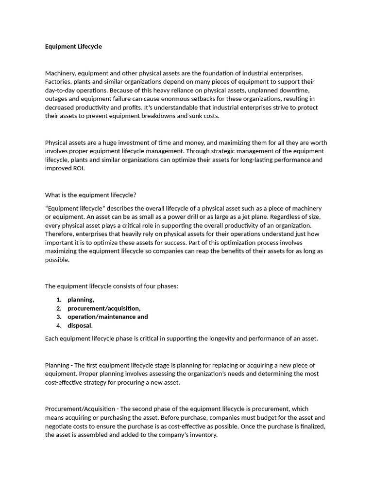 Equipment Lifecycle | PDF | Asset Management | Business