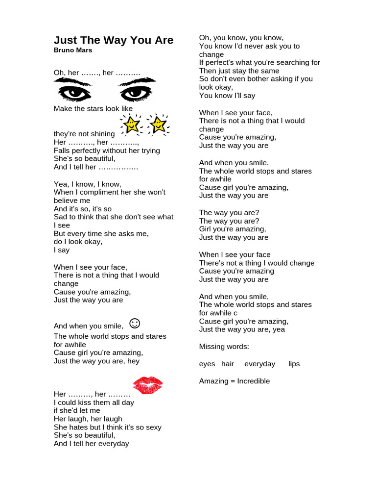 Bruno Mars' "Just The Way You Are" Lyrics | PDF | Songs Written | Pop Songs