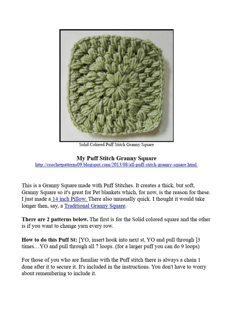 Puff Stitch Granny Square Pattern | PDF | Needlework | Textile Arts