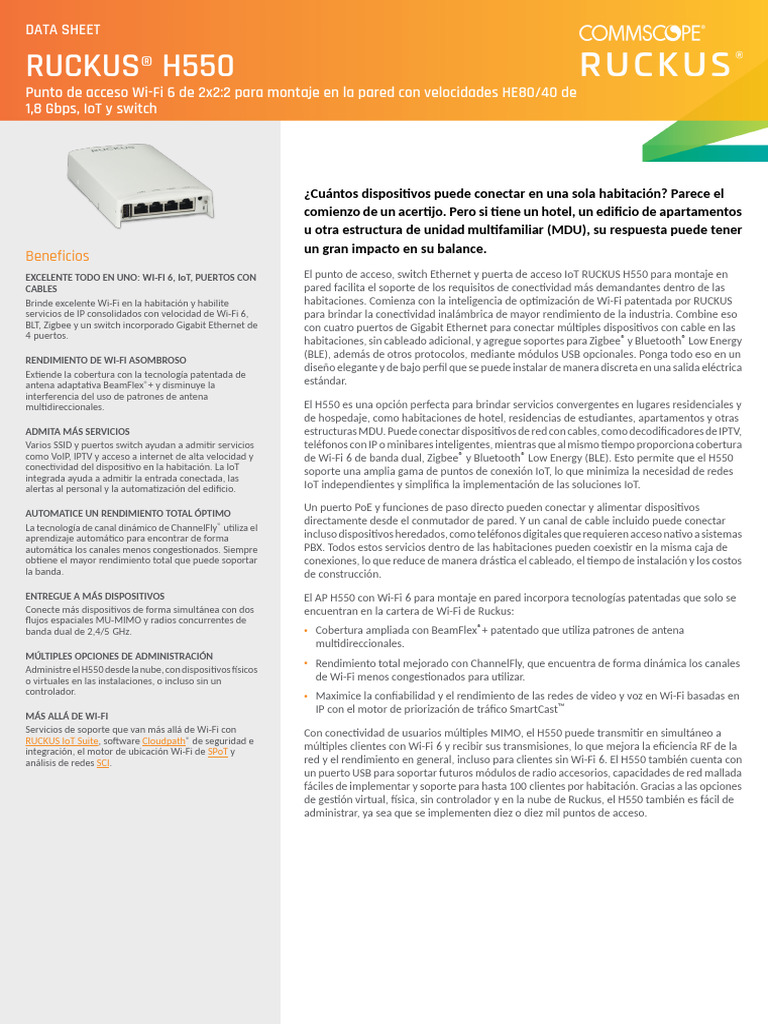 Ruckus H550: Beneficios | PDF | Ieee 802.11 | Punto de acceso inalámbrico