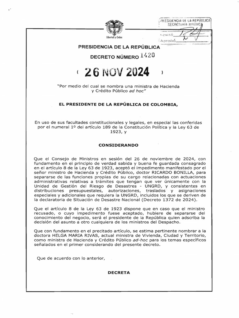 Decreto 1420 de 26 de Noviembre de 2024 PDF Gobierno