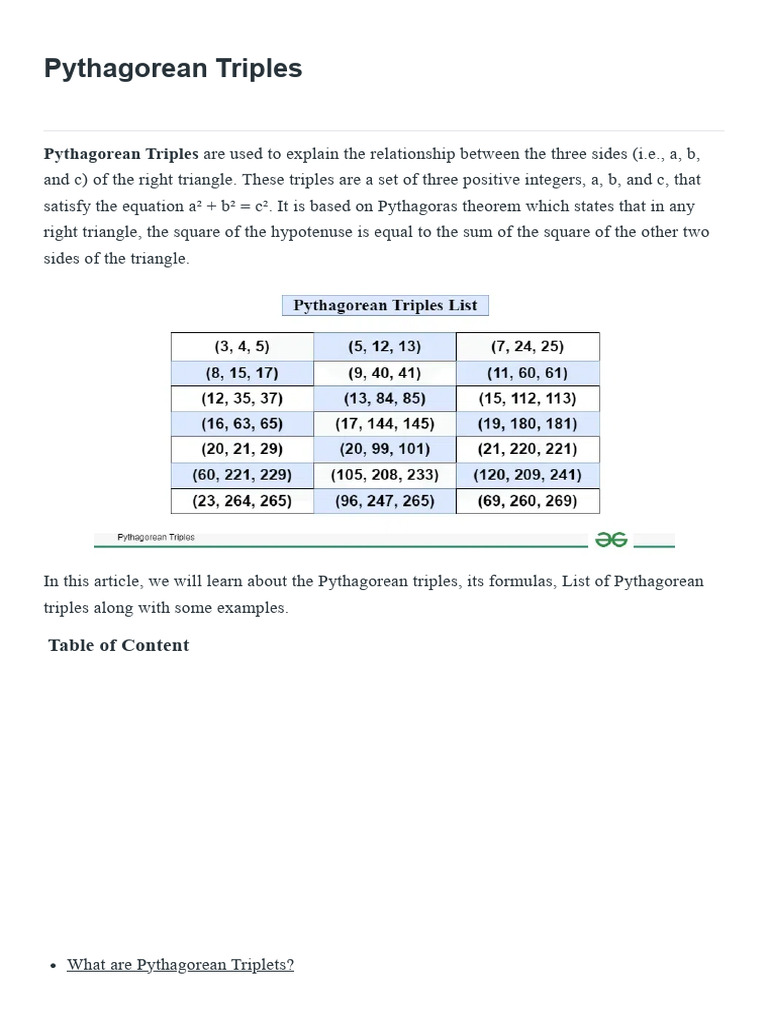 Pythagorean Triples - Formula, Examples, and Common Triples | PDF ...