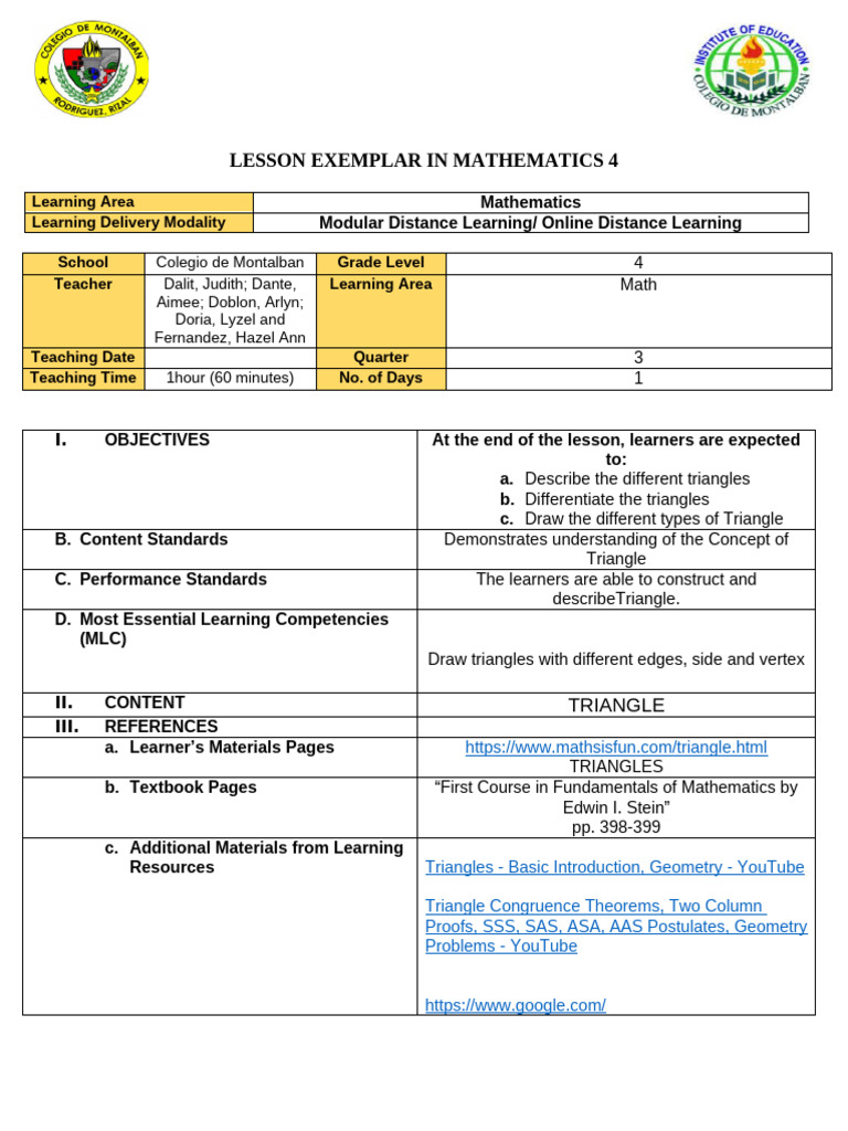 Triangle Types Lesson Plan for Grade 4 | PDF | Triangle | Triangle Geometry