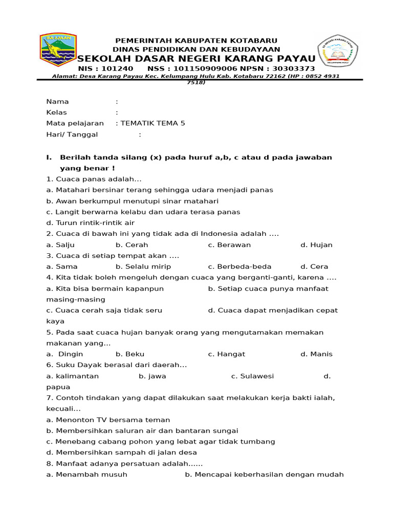 <p>Berikut adalah artikel tentang kumpulan soal Kelas 3 Tema 5 PDF, dengan panjang sekitar 1.200 kata, disusun dengan outline yang jelas, spasi yang memperhatikan, dan output tulisan yang rapi.</p>
<p>” title=”</p>
<p>Berikut adalah artikel tentang kumpulan soal Kelas 3 Tema 5 PDF, dengan panjang sekitar 1.200 kata, disusun dengan outline yang jelas, spasi yang memperhatikan, dan output tulisan yang rapi.</p>
<p>“></p>
<p>Artikel ini akan mengulas secara mendalam mengenai kumpulan soal Kelas 3 Tema 5 dalam format PDF. Kami akan membahas pentingnya latihan soal, cakupan materi dalam Tema 5, jenis-jenis soal yang umum ditemui, serta tips dalam mencari dan memanfaatkan kumpulan soal PDF secara efektif.</p>
<p><strong>Mengapa Latihan Soal Penting bagi Siswa Kelas 3?</strong></p>
<p>Kelas 3 merupakan jenjang transisi yang krusial dalam pendidikan dasar. Siswa mulai diperkenalkan pada materi yang lebih kompleks dan membutuhkan pemahaman yang lebih mendalam. Latihan soal memainkan peran sentral dalam proses pembelajaran dengan beberapa alasan utama:</p>
<ol>
<li>
<p><strong>Memperkuat Pemahaman Konsep:</strong> Teori saja terkadang terasa abstrak. Melalui pengerjaan soal, siswa dapat melihat bagaimana konsep-konsep yang dipelajari diaplikasikan dalam berbagai konteks. Ini membantu mereka melihat gambaran besar dan mengaitkan berbagai informasi.</p>
</li>
<li>
<p><strong>Mengidentifikasi Kelemahan:</strong> Saat mengerjakan soal, siswa akan menemukan bagian mana dari materi yang masih belum mereka kuasai sepenuhnya. Area kelemahan ini kemudian dapat menjadi fokus perbaikan, baik melalui bertanya kepada guru, orang tua, maupun dengan kembali mempelajari materi terkait.</p>
</li>
<li>
<p><strong>Meningkatkan Keterampilan Menjawab Soal:</strong> Setiap jenis soal (pilihan ganda, isian singkat, uraian) memiliki strategi pengerjaan yang berbeda. Latihan rutin membantu siswa terbiasa dengan berbagai format soal, sehingga mereka tidak merasa asing saat ujian sesungguhnya.</p>
</li>
<li>
<p><strong>Membangun Kepercayaan Diri:</strong> Semakin banyak siswa berlatih dan berhasil menjawab soal dengan benar, semakin besar pula rasa percaya diri mereka. Kepercayaan diri ini sangat penting untuk mengurangi rasa cemas saat menghadapi ulangan dan mendorong mereka untuk memberikan performa terbaik.</p>
</li>
<li>
<p><strong>Efisiensi Waktu Belajar:</strong> Dengan adanya kumpulan soal yang terstruktur, siswa dapat belajar secara lebih terarah. Mereka tidak perlu lagi mencari-cari materi secara sporadis, melainkan fokus pada latihan soal yang sudah disiapkan.</p>
</li>
</ol>
<div style=